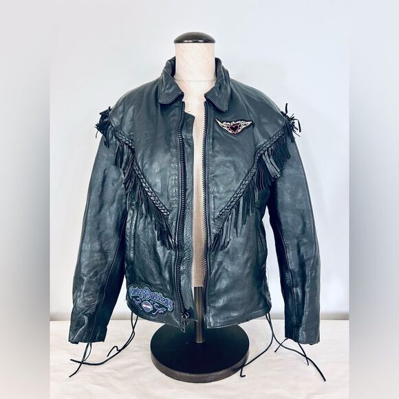 Unik Black Cropped Leather Jacket with Fringe, Harley Patches size Large - Picture 9 of 15